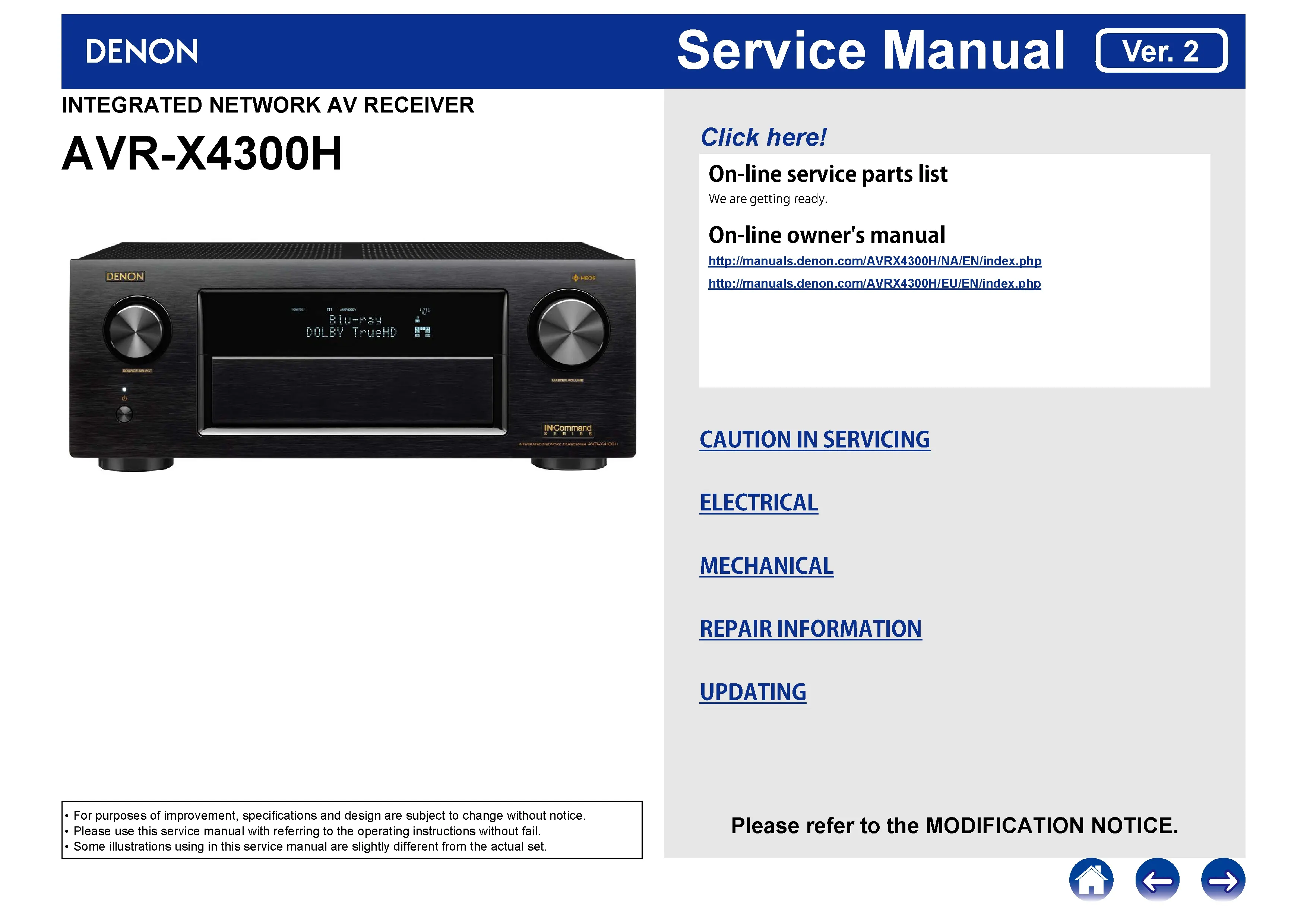 Denon avr x4300h service manual cover with photo of the receiver, model type and code, manual contents.