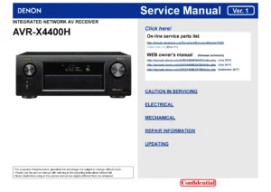 Denon avr x4400h service manual cover with photo of the receiver, model type and code, manual contents.