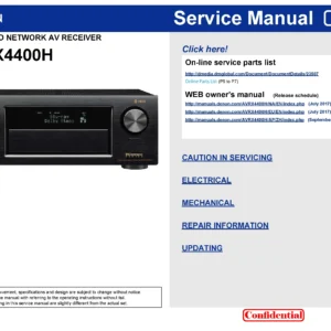Denon avr x4400h service manual cover with photo of the receiver, model type and code, manual contents.