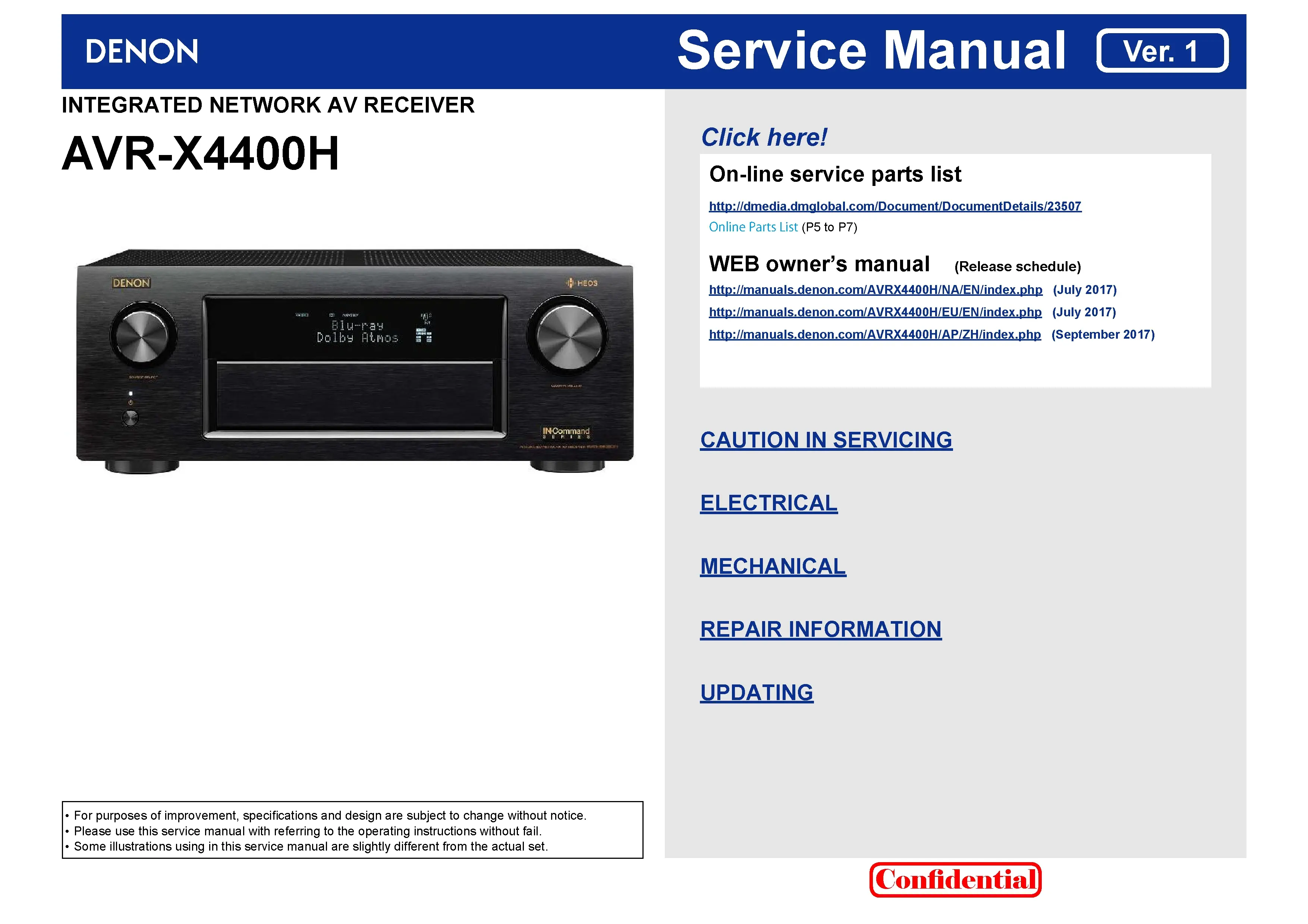 Denon avr x4400h service manual cover with photo of the receiver, model type and code, manual contents.