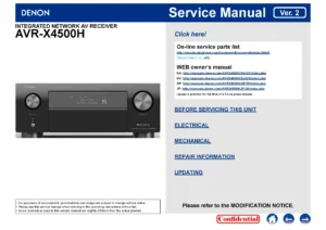 Denon avr x4500h service manual cover with photo of the receiver, model type and code, manual contents.