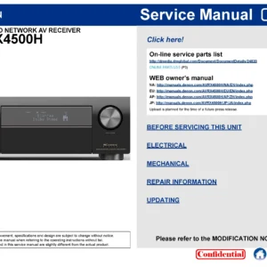 Denon avr x4500h service manual cover with photo of the receiver, model type and code, manual contents.