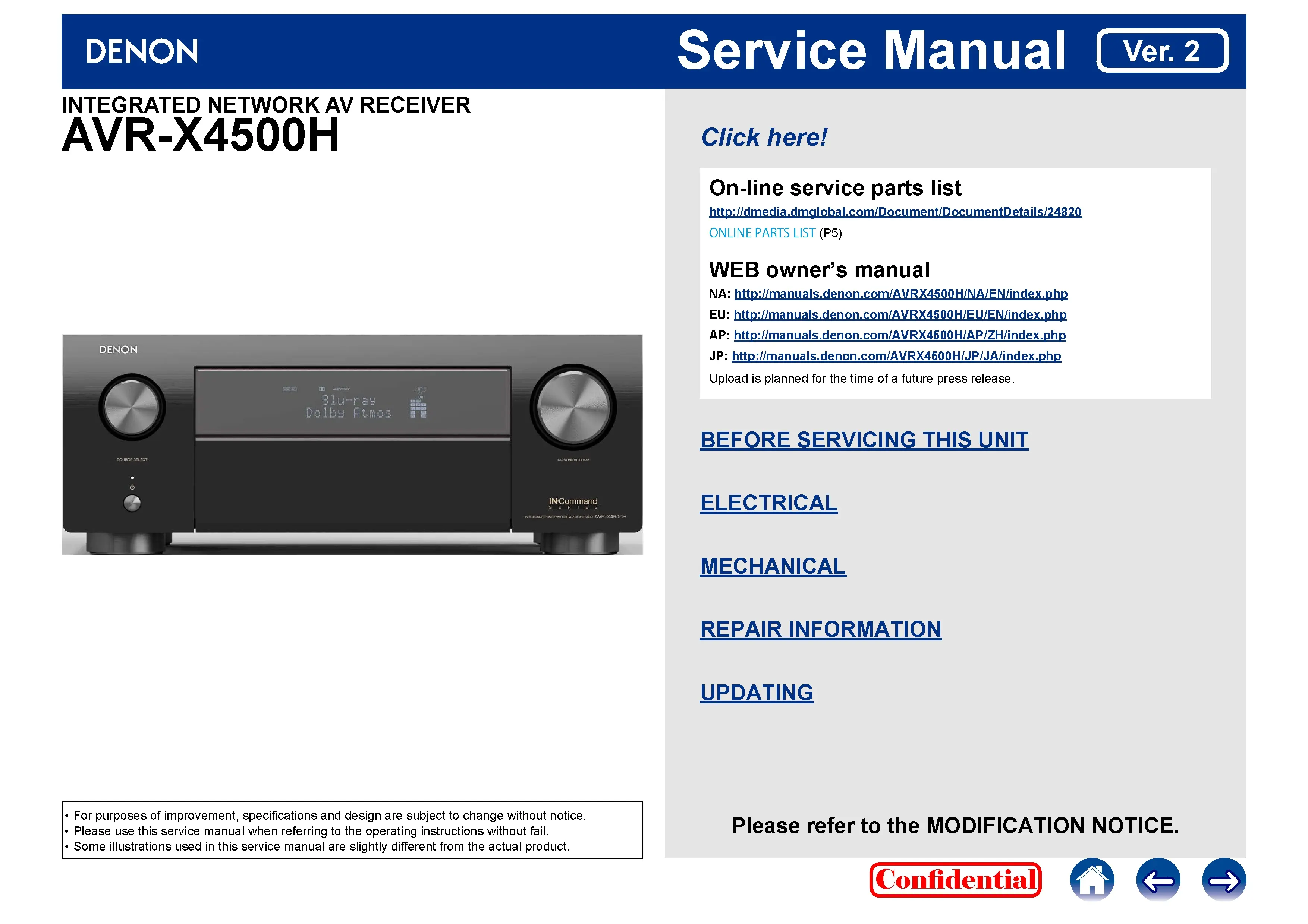 Denon avr x4500h service manual cover with photo of the receiver, model type and code, manual contents.