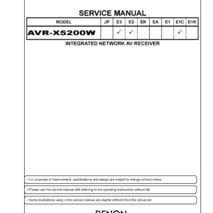 Denon avr x5200w service manual cover with photo of the receiver, model type and code, manual contents.