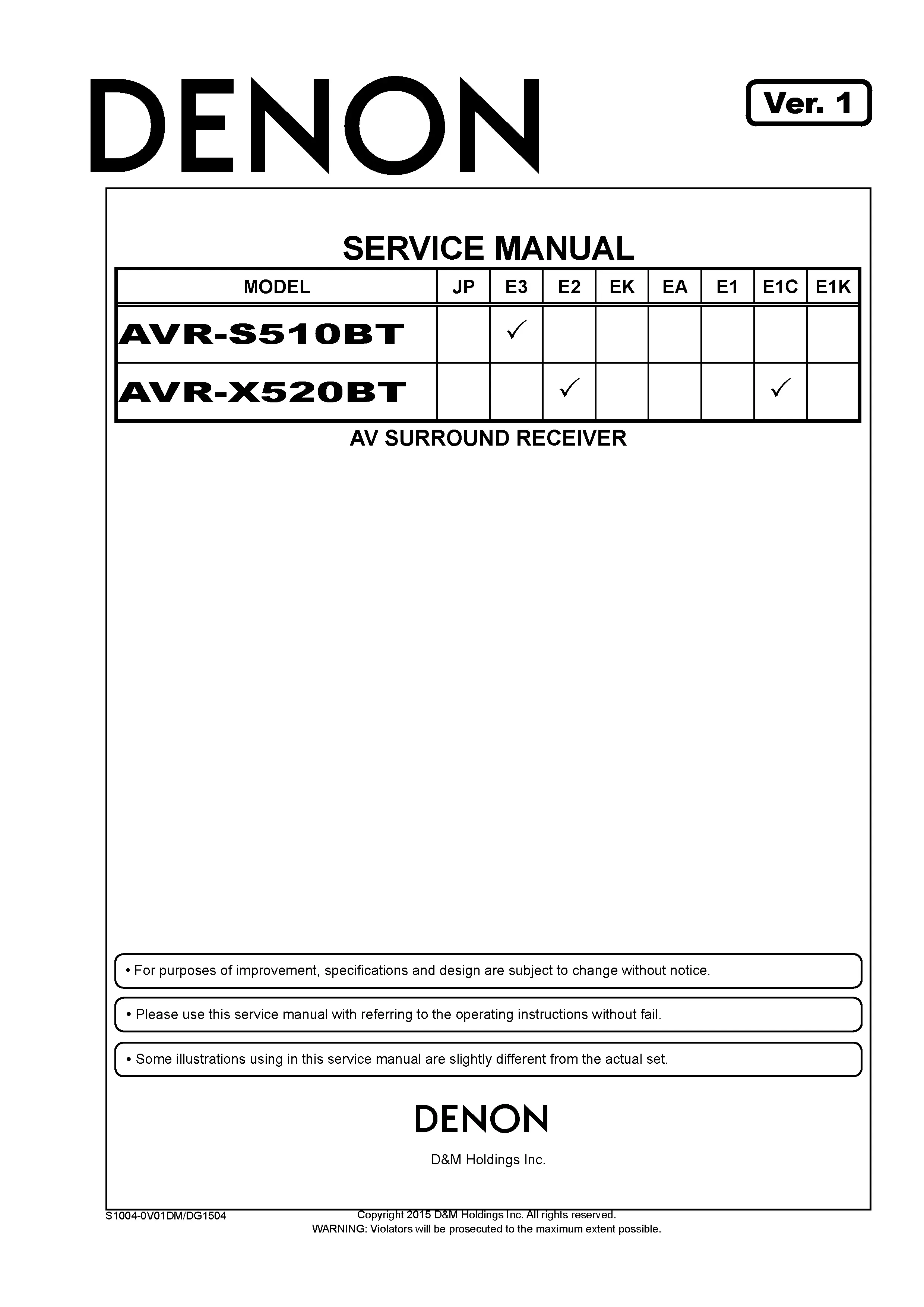 Denon avr x520bt s510bt service manual cover with photo of the receiver, model type and code, manual contents.