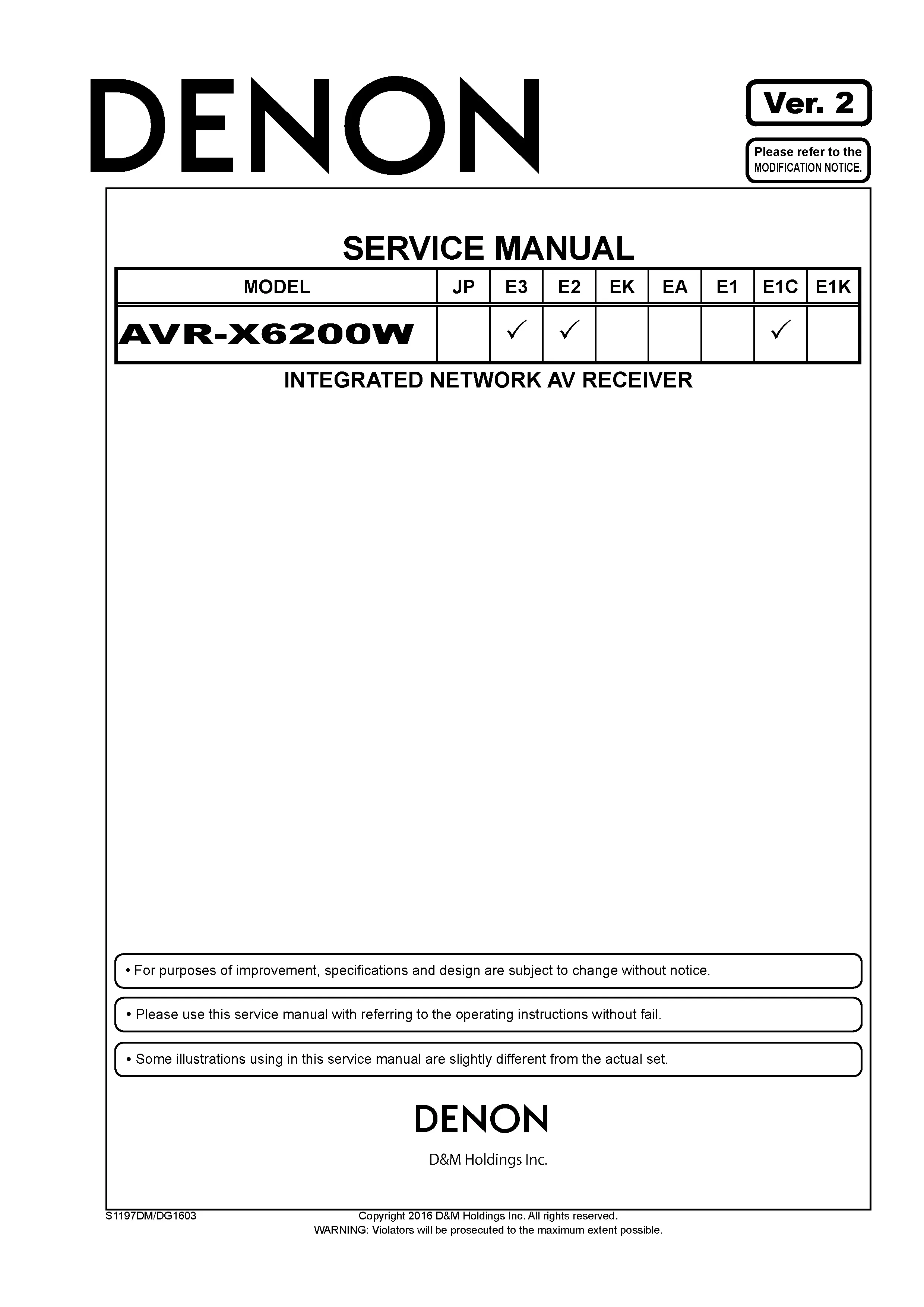 Denon avr x6200w service manual cover with photo of the receiver, model type and code, manual contents.