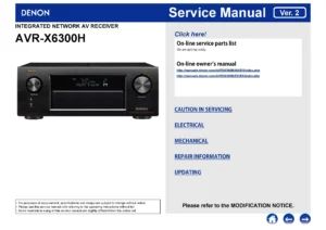 Denon avr x6300h service manual cover with photo of the receiver, model type and code, manual contents.
