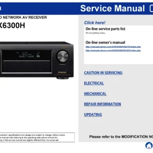 Denon avr x6300h service manual cover with photo of the receiver, model type and code, manual contents.