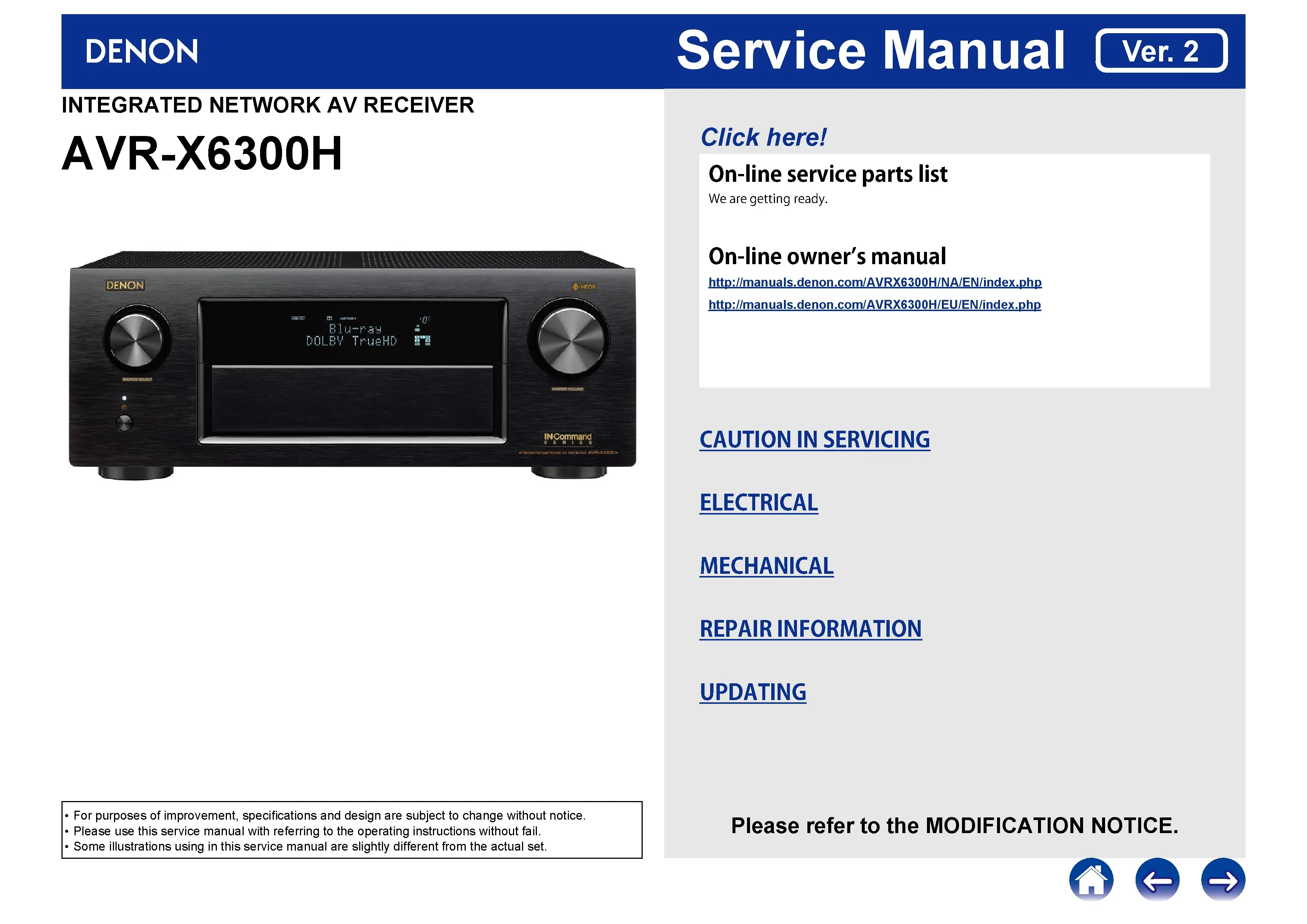 Denon avr x6300h service manual cover with photo of the receiver, model type and code, manual contents.