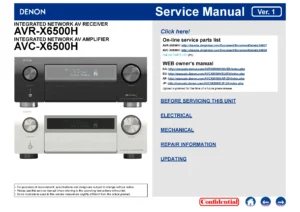 Denon avr x6500h avc x6500h service manual cover with photo of the receiver, model type and code, manual contents.