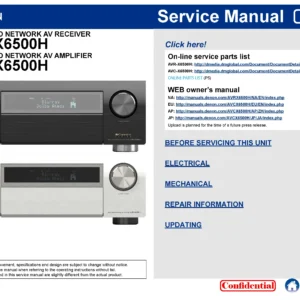 Denon avr x6500h avc x6500h service manual cover with photo of the receiver, model type and code, manual contents.