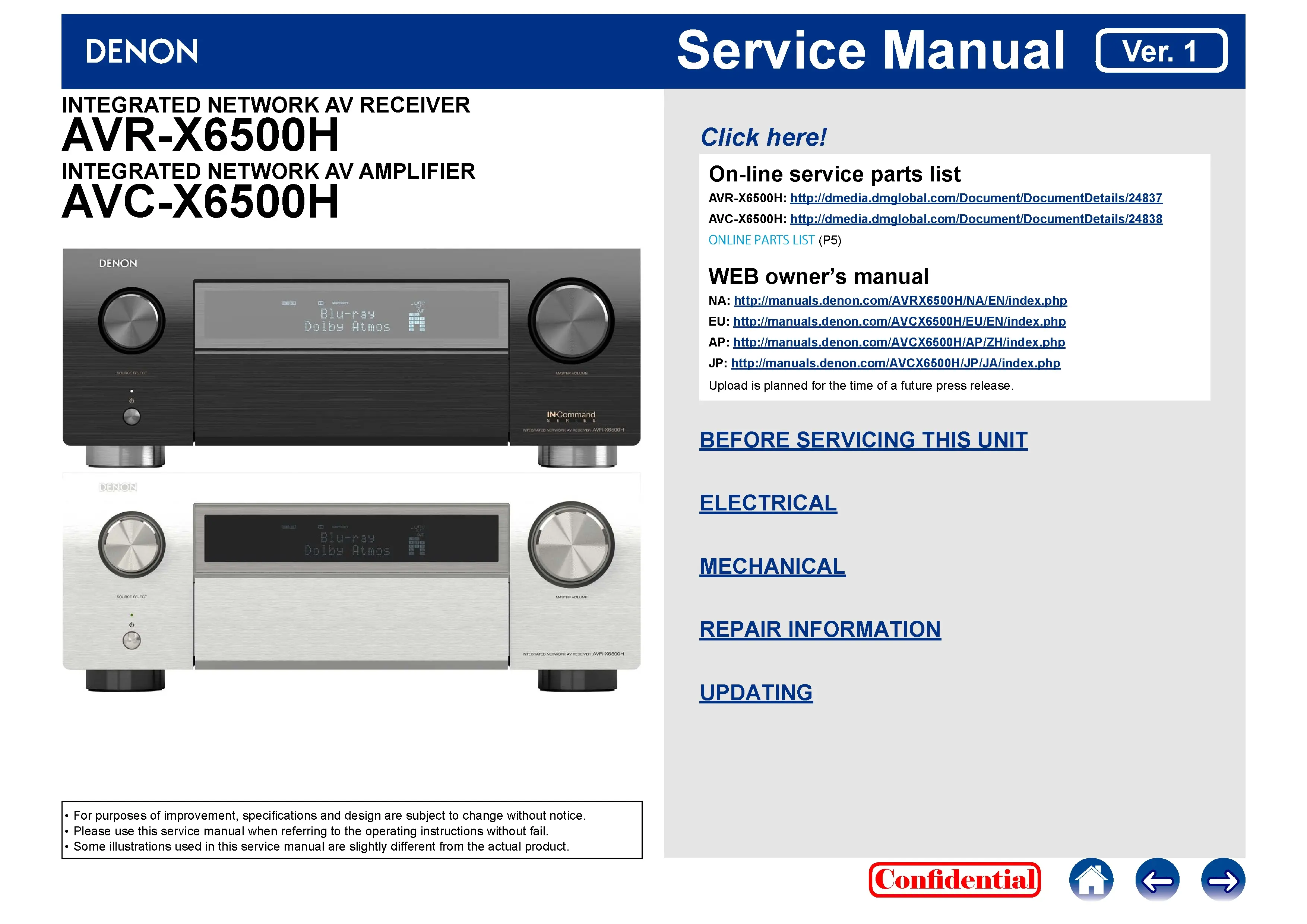 Denon avr x6500h avc x6500h service manual cover with photo of the receiver, model type and code, manual contents.