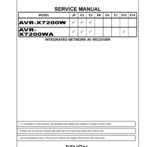 Denon avr x7200w x7200wa service manual cover with photo of the receiver, model type and code, manual contents.