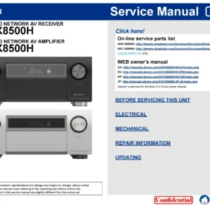 Denon avr x8500h avc x8500h service manual cover with photo of the receiver, model type and code, manual contents.