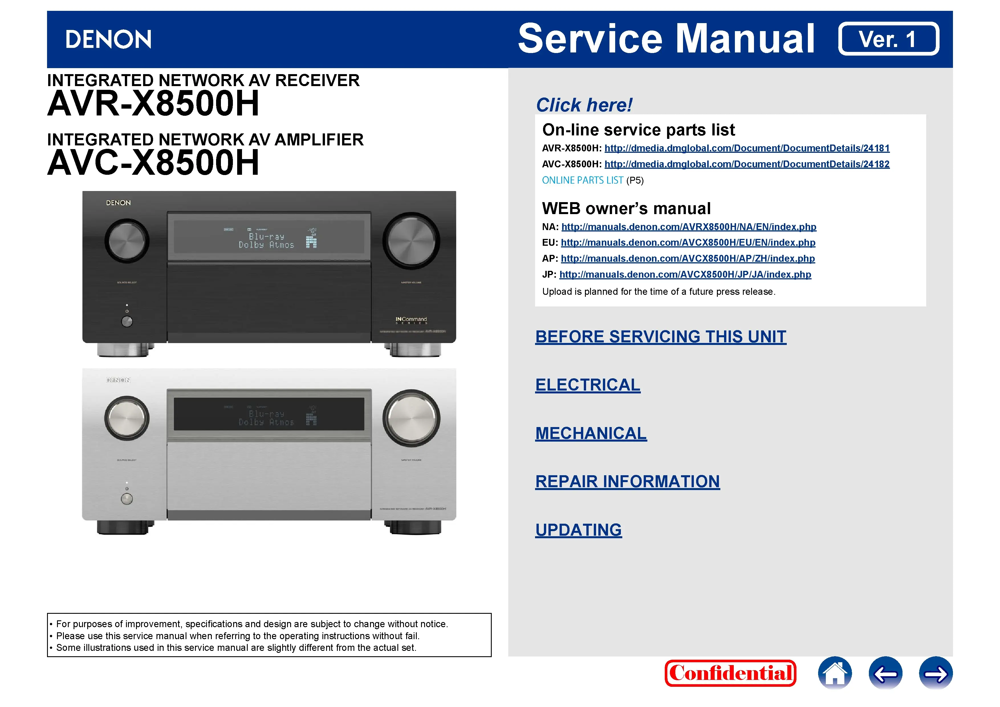 Denon avr x8500h avc x8500h service manual cover with photo of the receiver, model type and code, manual contents.