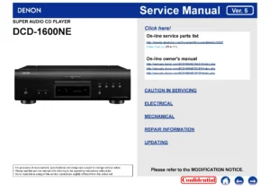 Denon dcd 1600ne service manual cover with photo of the receiver, model type and code, manual contents.