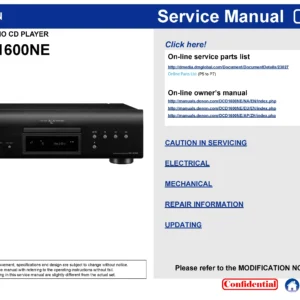 Denon dcd 1600ne service manual cover with photo of the receiver, model type and code, manual contents.