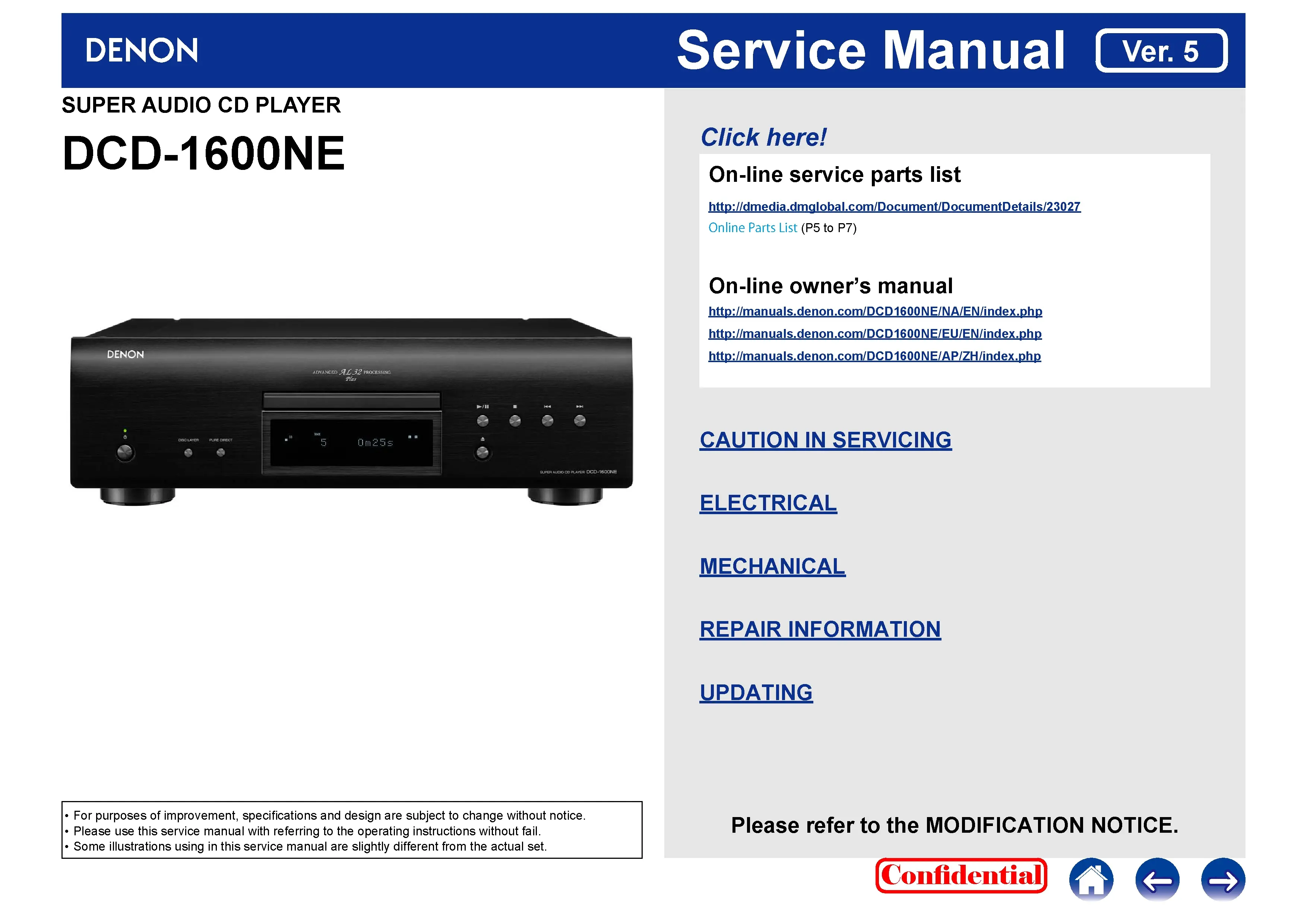 Denon dcd 1600ne service manual cover with photo of the receiver, model type and code, manual contents.