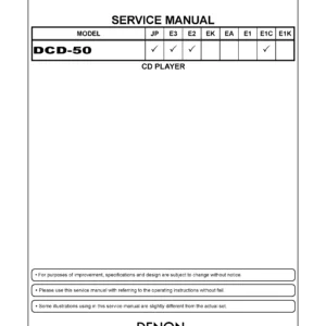 Denon dcd 50 service manual cover with photo of the receiver, model type and code, manual contents.