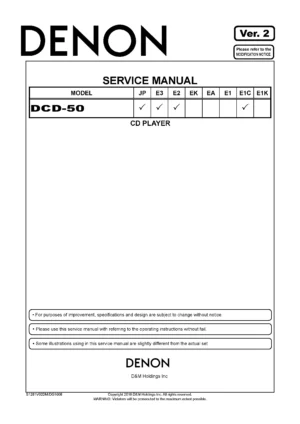 Denon dcd 50 service manual cover with photo of the receiver, model type and code, manual contents.
