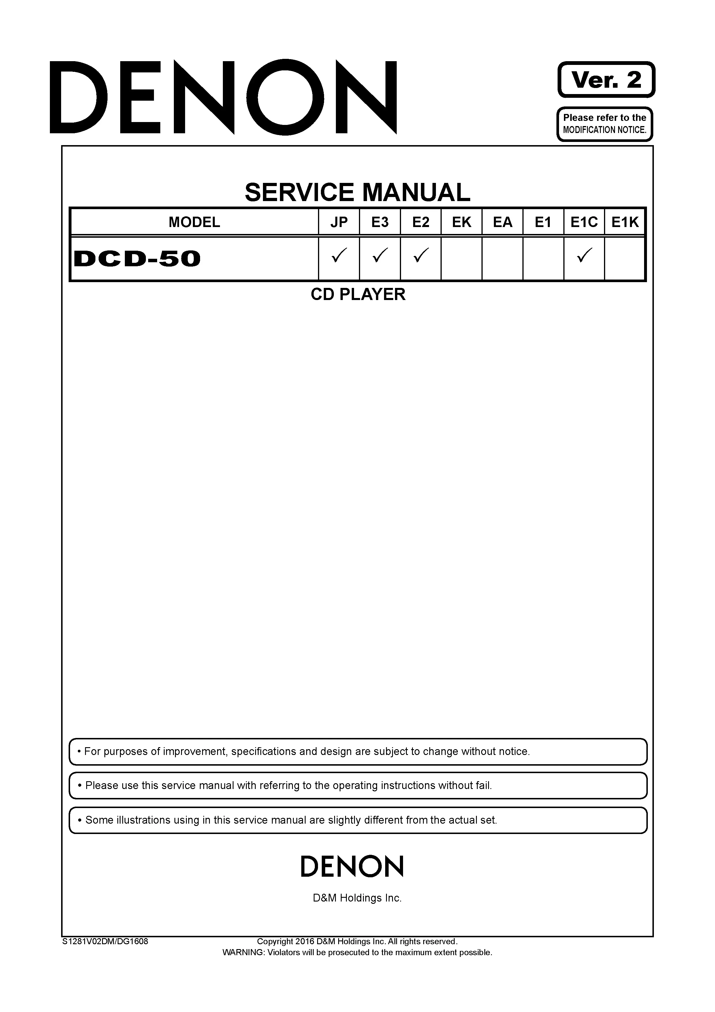 Denon dcd 50 service manual cover with photo of the receiver, model type and code, manual contents.