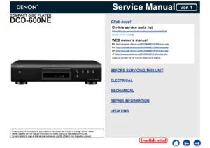 Denon dcd 600ne service manual cover with photo of the receiver, model type and code, manual contents.