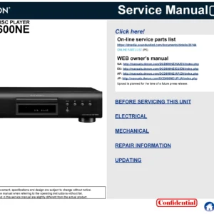 Denon dcd 600ne service manual cover with photo of the receiver, model type and code, manual contents.