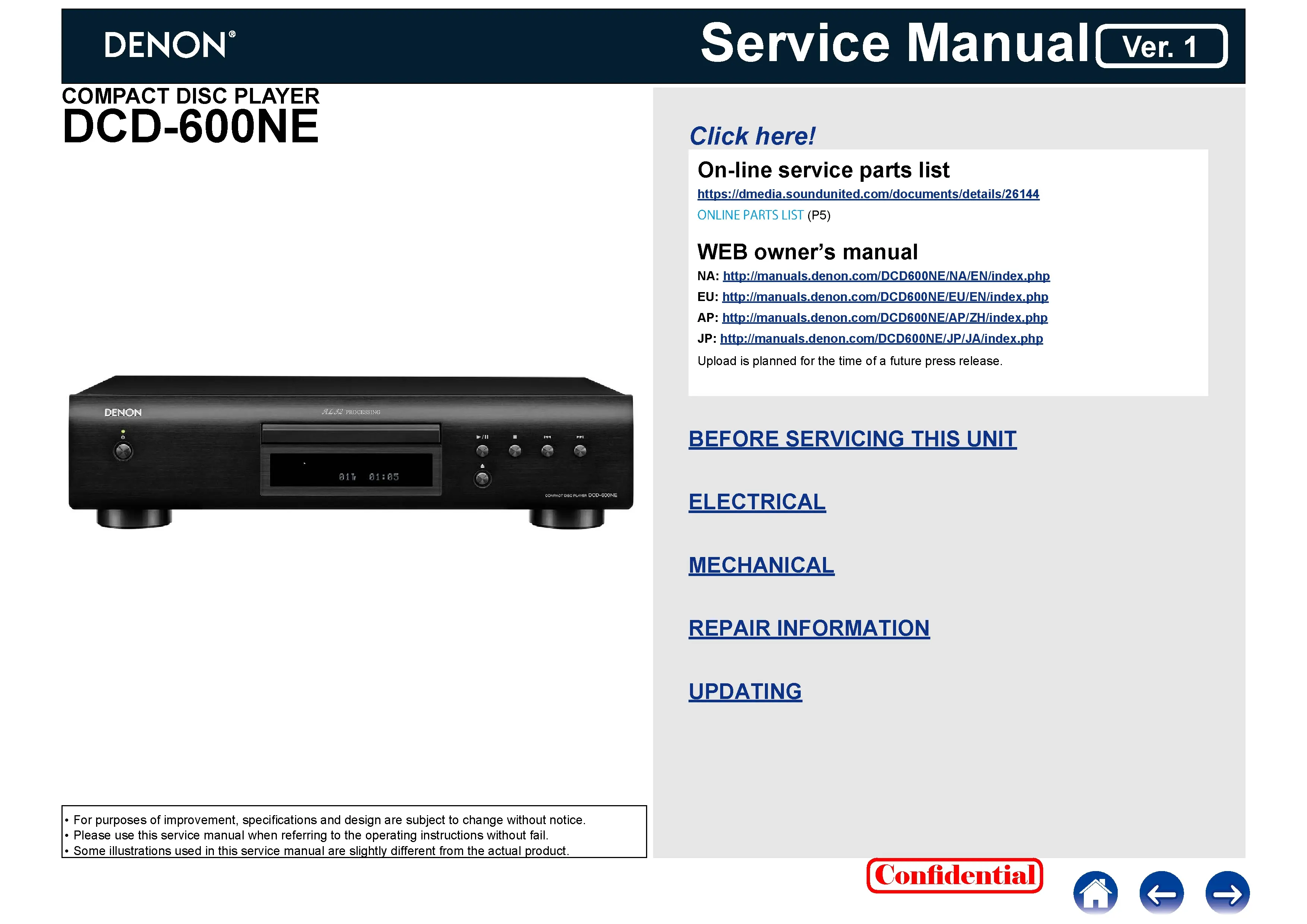 Denon dcd 600ne service manual cover with photo of the receiver, model type and code, manual contents.