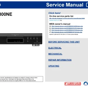 Denon dcd 800ne service manual cover with photo of the receiver, model type and code, manual contents.