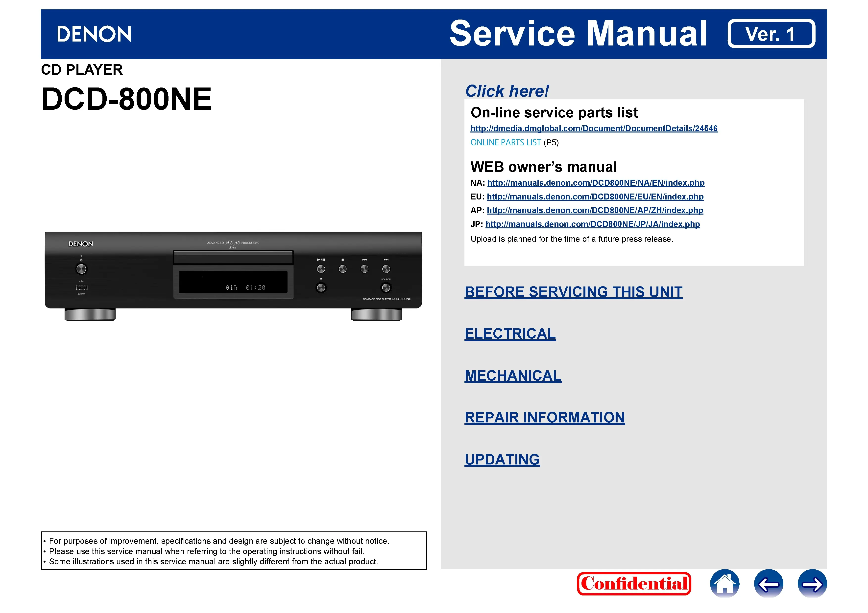 Denon dcd 800ne service manual cover with photo of the receiver, model type and code, manual contents.