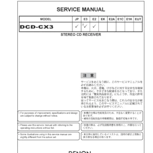 Denon dcd cx3 service manual cover with photo of the receiver, model type and code, manual contents.