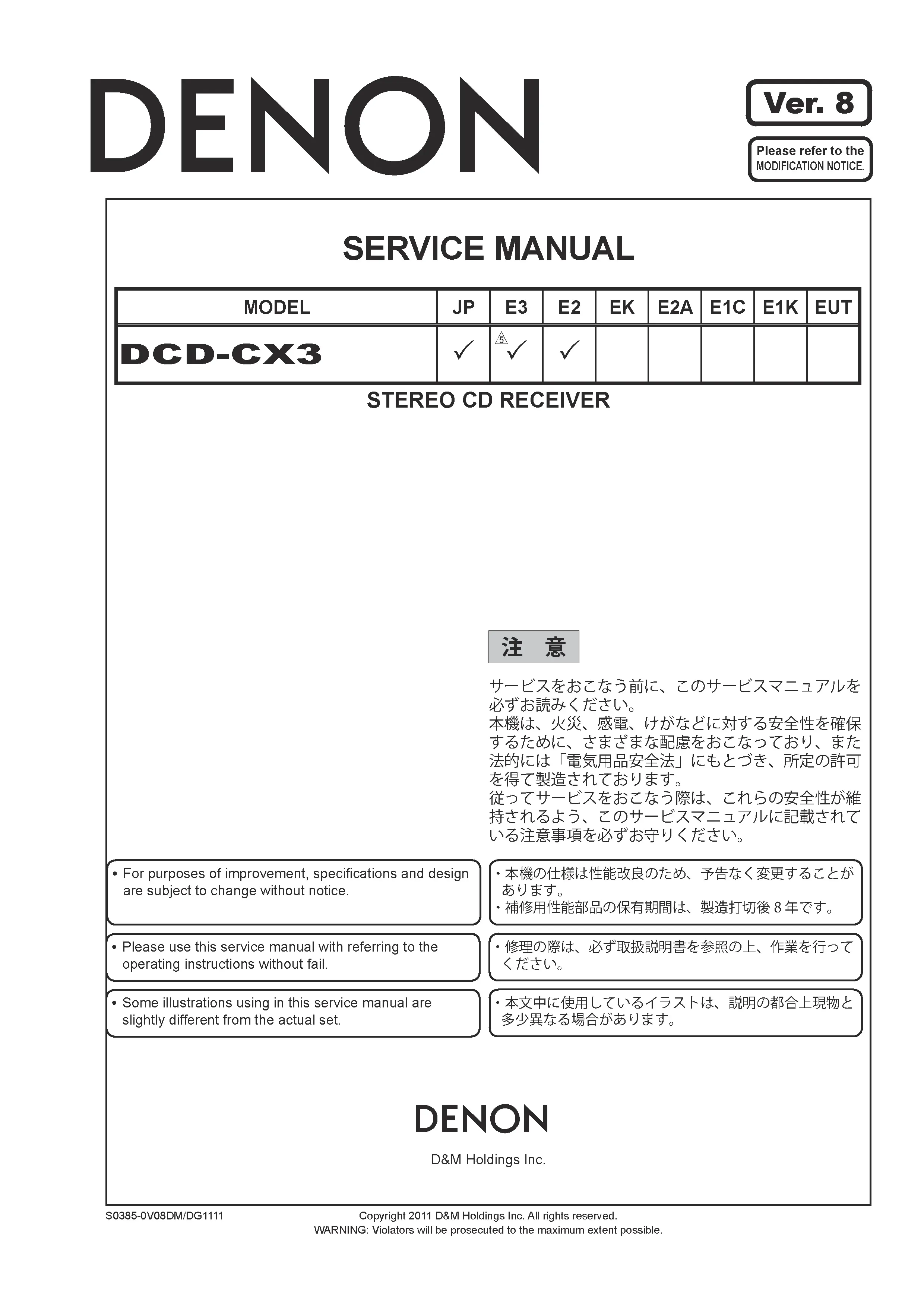 Denon dcd cx3 service manual cover with photo of the receiver, model type and code, manual contents.