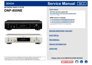 Denon dnp 800ne service manual cover with photo of the receiver, model type and code, manual contents.
