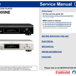 Denon dnp 800ne service manual cover with photo of the receiver, model type and code, manual contents.
