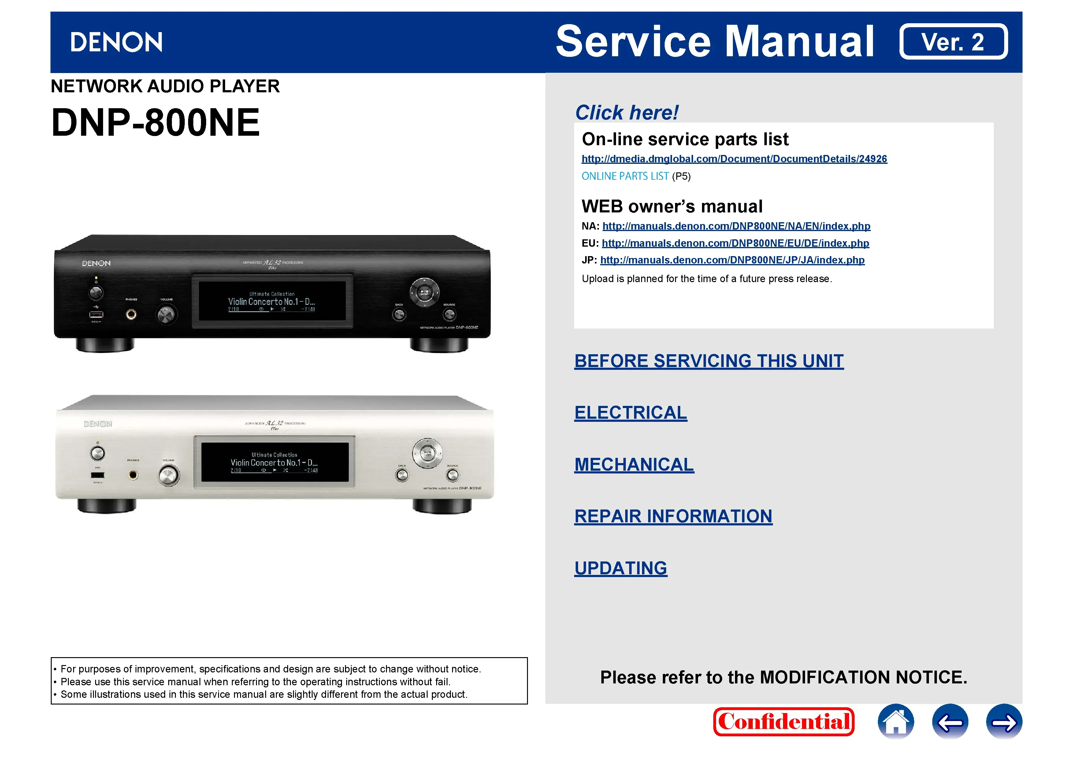 Denon dnp 800ne service manual cover with photo of the receiver, model type and code, manual contents.