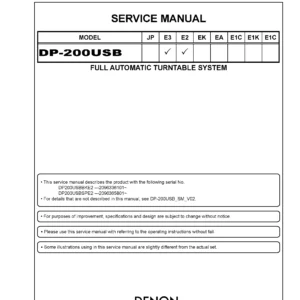 Denon dp 200usb service manual cover with photo of the receiver, model type and code, manual contents.