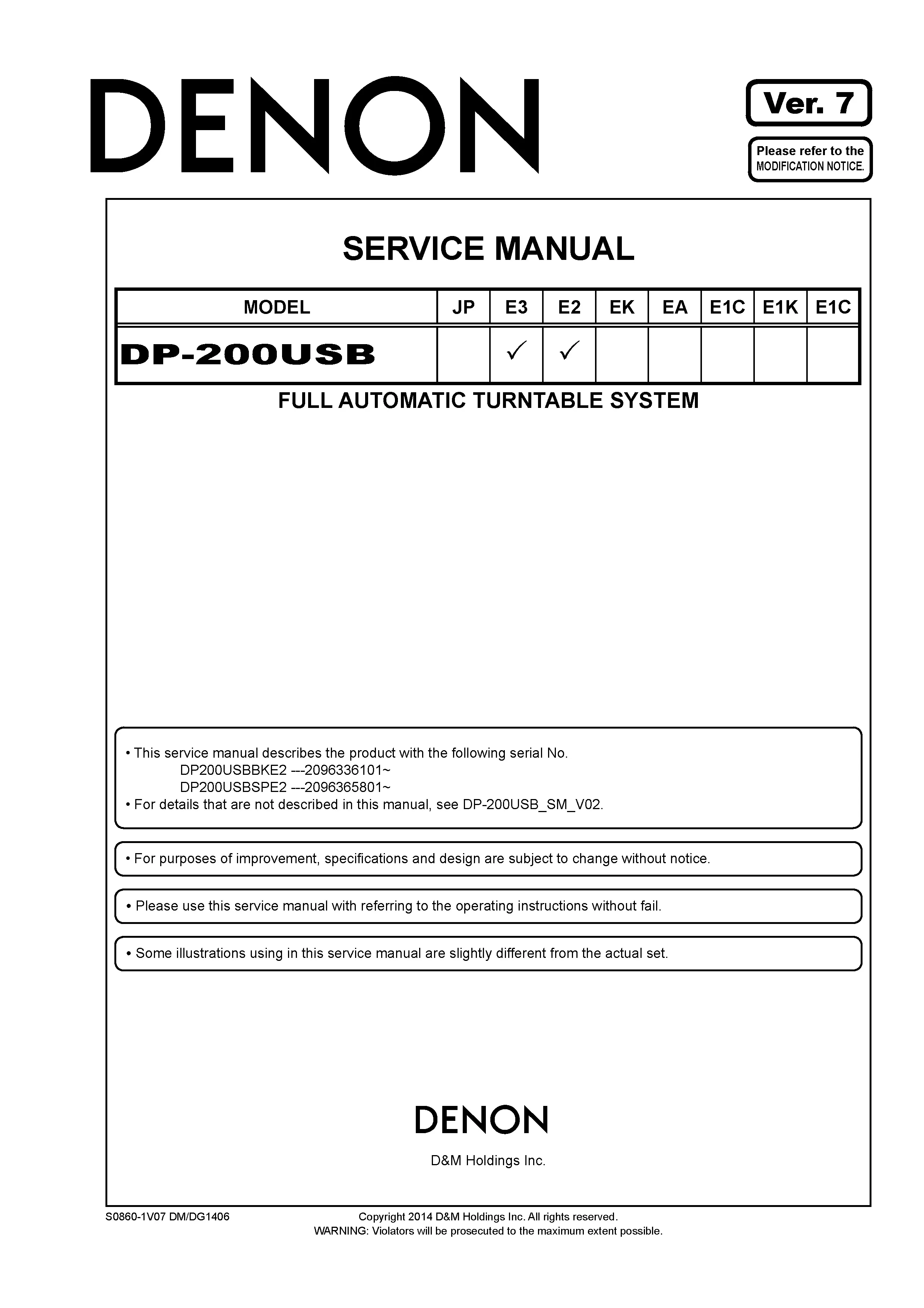 Denon dp 200usb service manual cover with photo of the receiver, model type and code, manual contents.