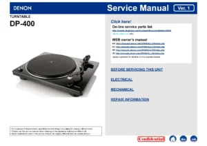 Denon dp 400 service manual cover with photo of the receiver, model type and code, manual contents.
