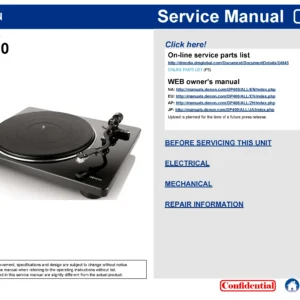 Denon dp 400 service manual cover with photo of the receiver, model type and code, manual contents.