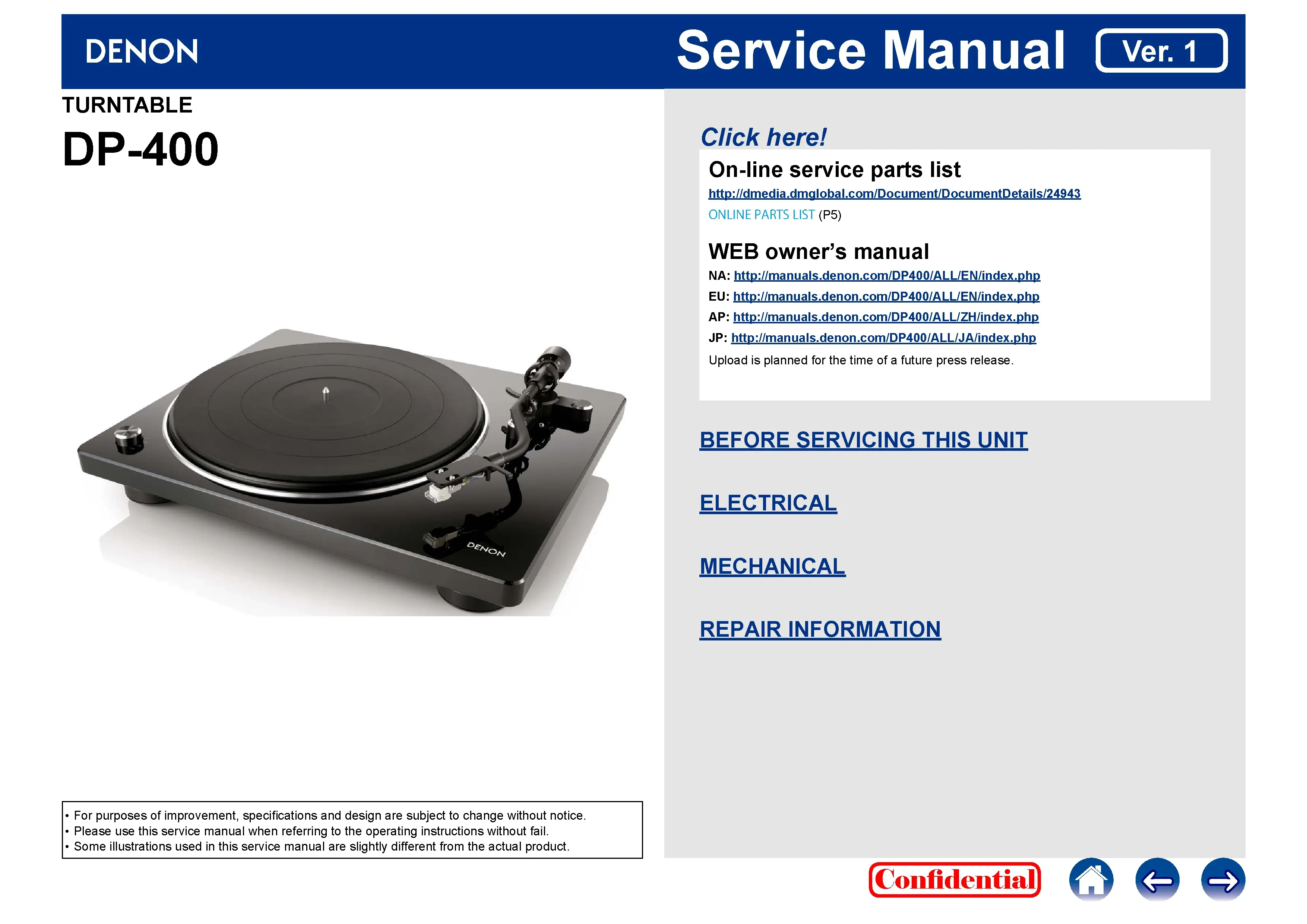 Denon dp 400 service manual cover with photo of the receiver, model type and code, manual contents.