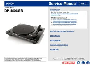 Denon dp 450 usb service manual cover with photo of the receiver, model type and code, manual contents.