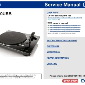 Denon dp 450 usb service manual cover with photo of the receiver, model type and code, manual contents.