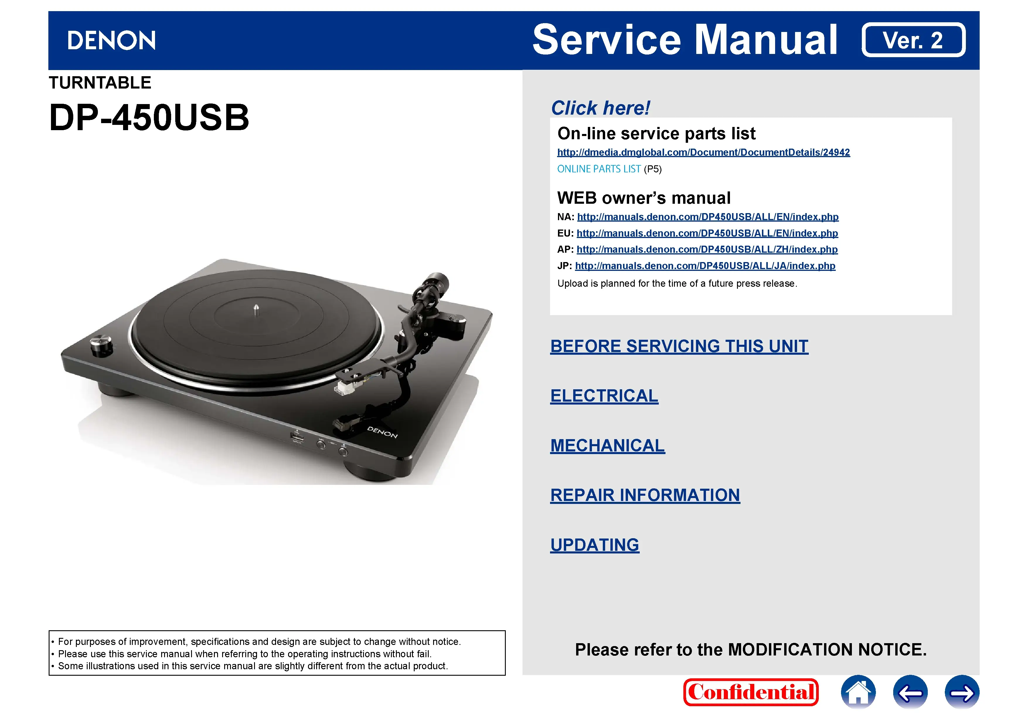 Denon dp 450 usb service manual cover with photo of the receiver, model type and code, manual contents.