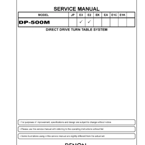 Denon dp 500m service manual cover with photo of the receiver, model type and code, manual contents.