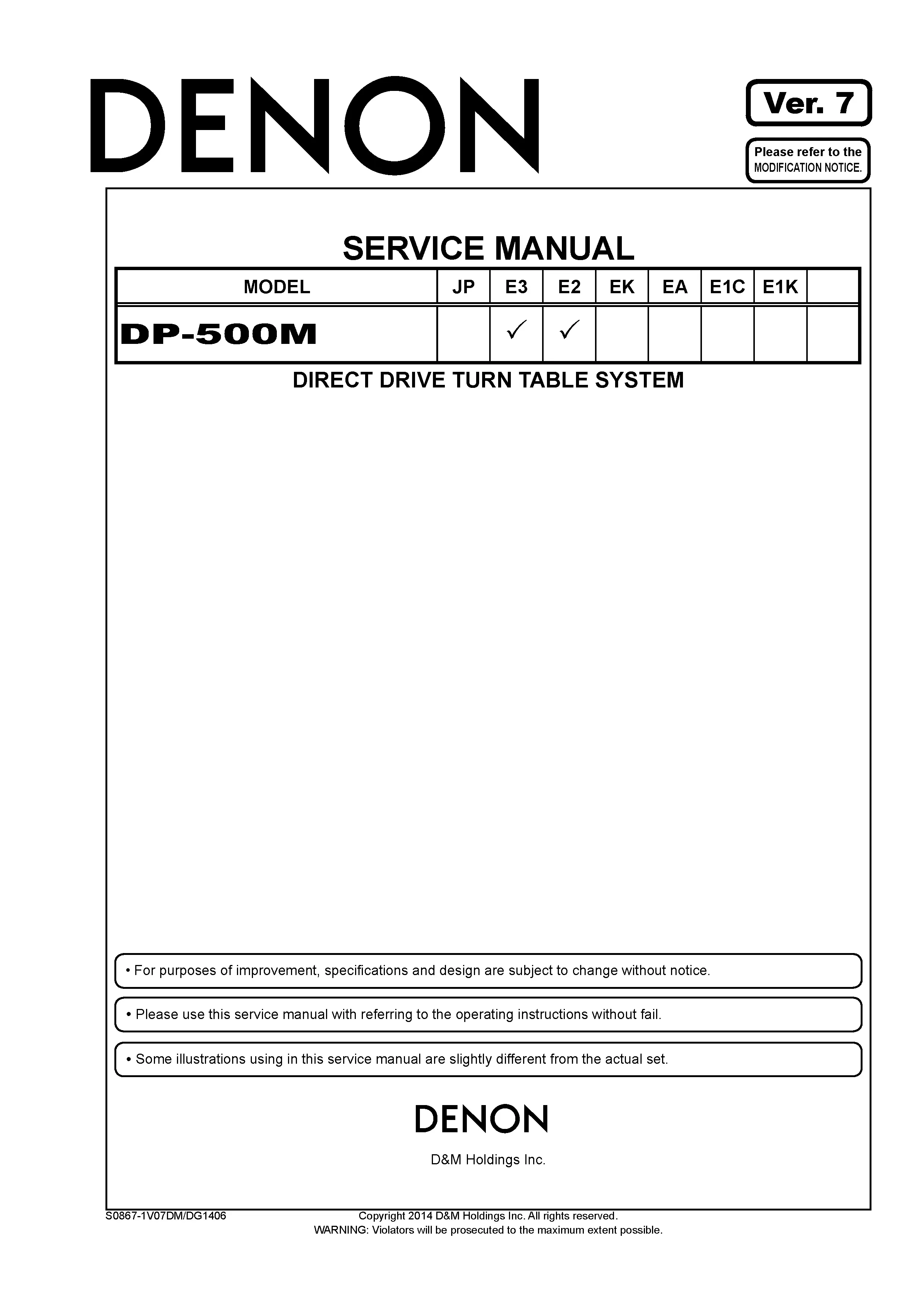 Denon dp 500m service manual cover with photo of the receiver, model type and code, manual contents.