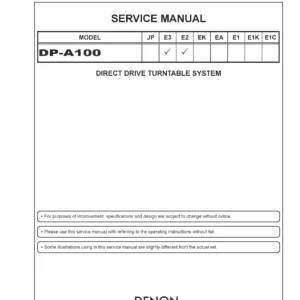 Denon dp a100 service manual cover with photo of the receiver, model type and code, manual contents.