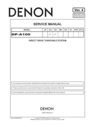 Denon dp a100 service manual cover with photo of the receiver, model type and code, manual contents.