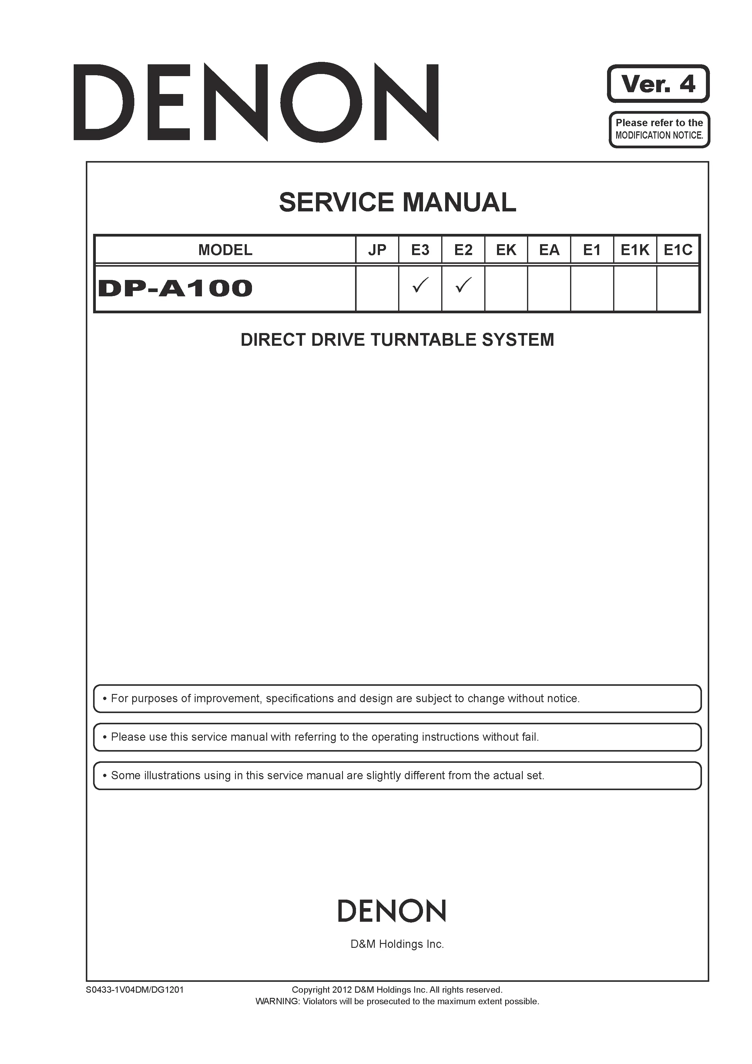 Denon dp a100 service manual cover with photo of the receiver, model type and code, manual contents.