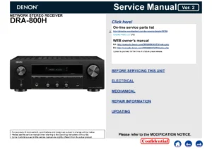 Denon dra 800h service manual cover with photo of the receiver, model type and code, manual contents.