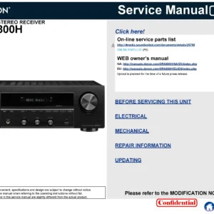 Denon dra 800h service manual cover with photo of the receiver, model type and code, manual contents.